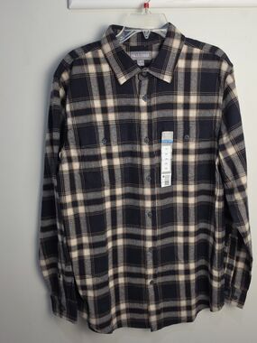 Falls Creek Black Cream and Tan Plaid Button-Down Shirt